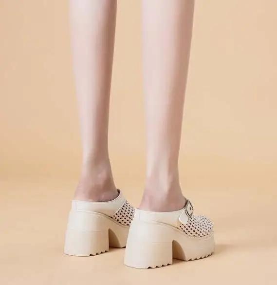 Fashion 10CM Air Mesh Weave Genuine Leather Breathable Sandals Chunky Heels Hollow Platform Wedge High Brand Shoes Summer Women Slipper