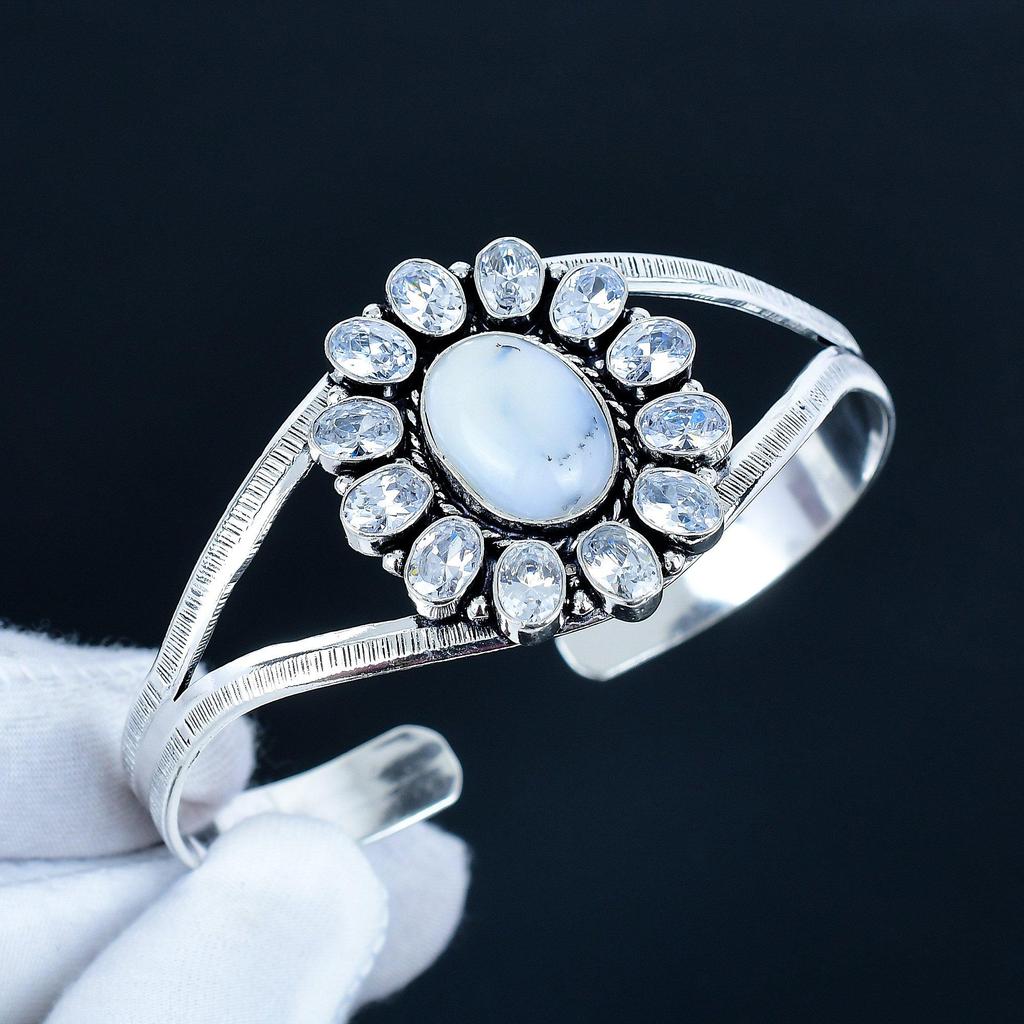 Beautiful Dendrite Opal Gemstone Handmade Cuff Bangle 925 Sterling Silver Cuff Bangle, White Topaz Flower Shape Bracelet For Wife, Unisex Bangle, Gift
