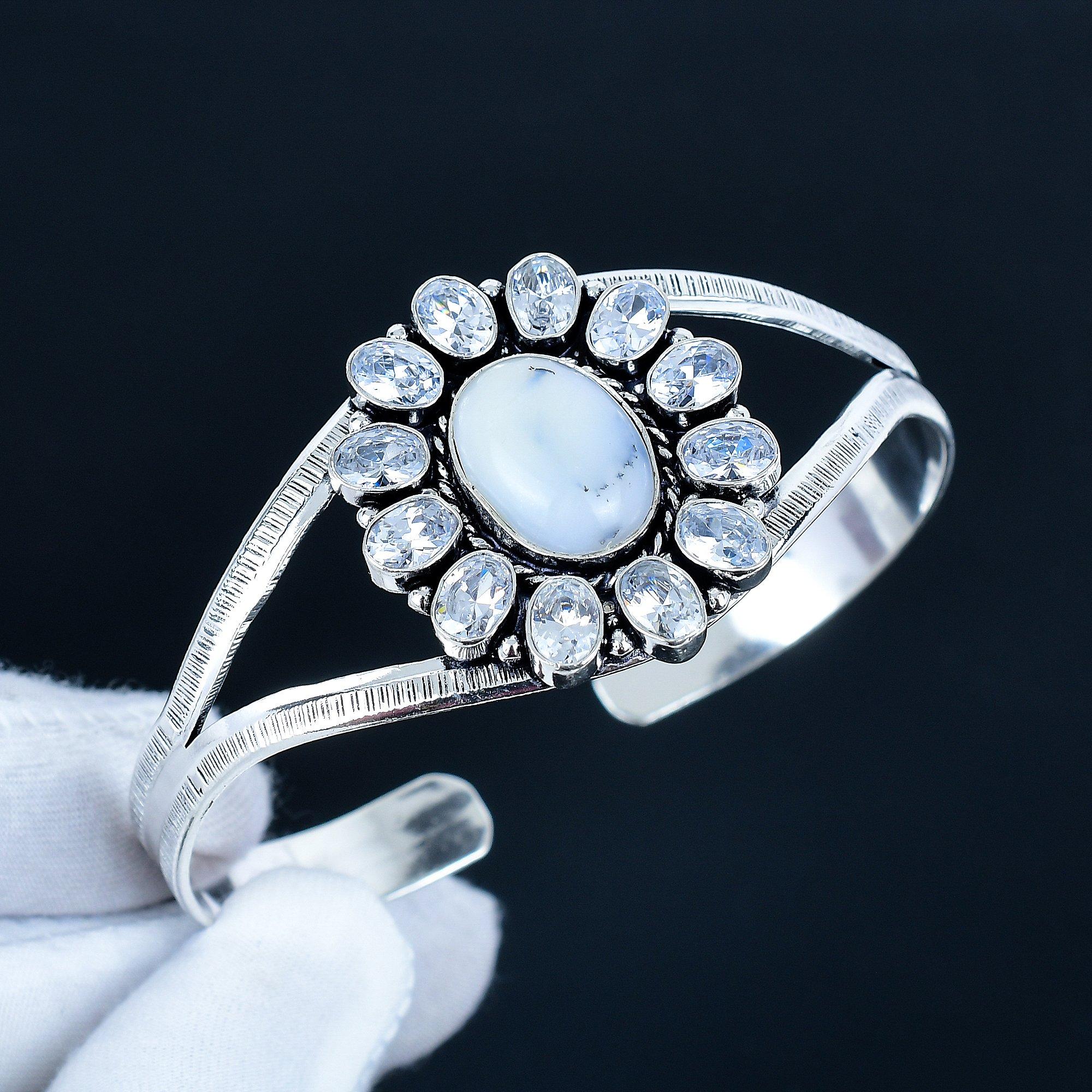 

Красивый Дендритовый Опал Драгоценный Камень Ручной Работы Манжета Браслет 925 Стерлинговое Серебро Манжета Браслет, Белый Топаз Форма Цветка Браслет Для Жены, Унисекс Браслет, Подарок 7 белый