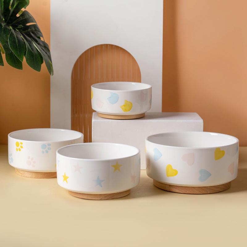 Non-Slip Ceramic Cat and Dog Bowl with Wooden Stand - Black, High-Footed Design for Cervical Spine Protection