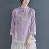 2023 Spring/Summer Women's Retro Chinese Button Shirt: Fake Two-Piece, Cotton-Linen, 3/4 Sleeve, Embroidered Design.