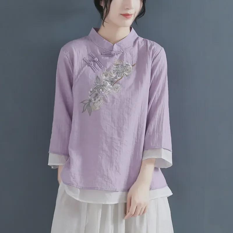 2023 Spring/Summer Women's Retro Chinese Button Shirt: Fake Two-Piece, Cotton-Linen, 3/4 Sleeve, Embroidered Design.