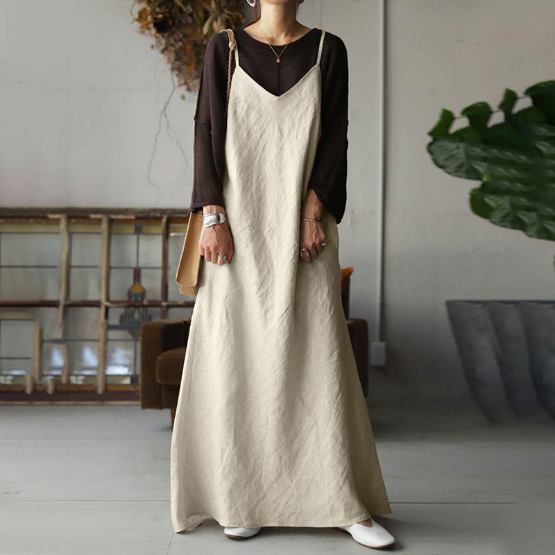 

Women s Casual Loose Sleeveless Solid Skirt V-neck Backless Sexy Long Dress 2026 XXXL хакі