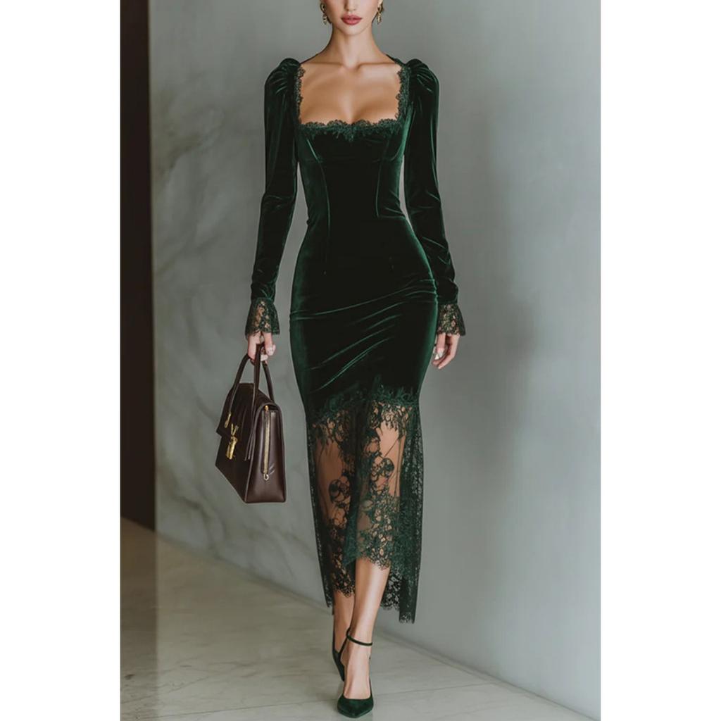 French Style Lace Patchwork Evening Party Dress for Women, Elegant Ladies Cocktail Gown for European & American, Formal Occasion Dress