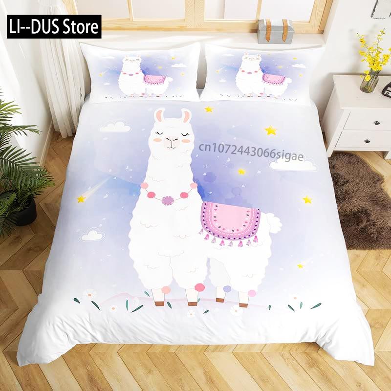 Lovely Cartoon Alpaca Llama Cactus Print Boys Girls Duvet Cover Set Full Size For Kids Teen Bedding Set Comforter Cover Decor
