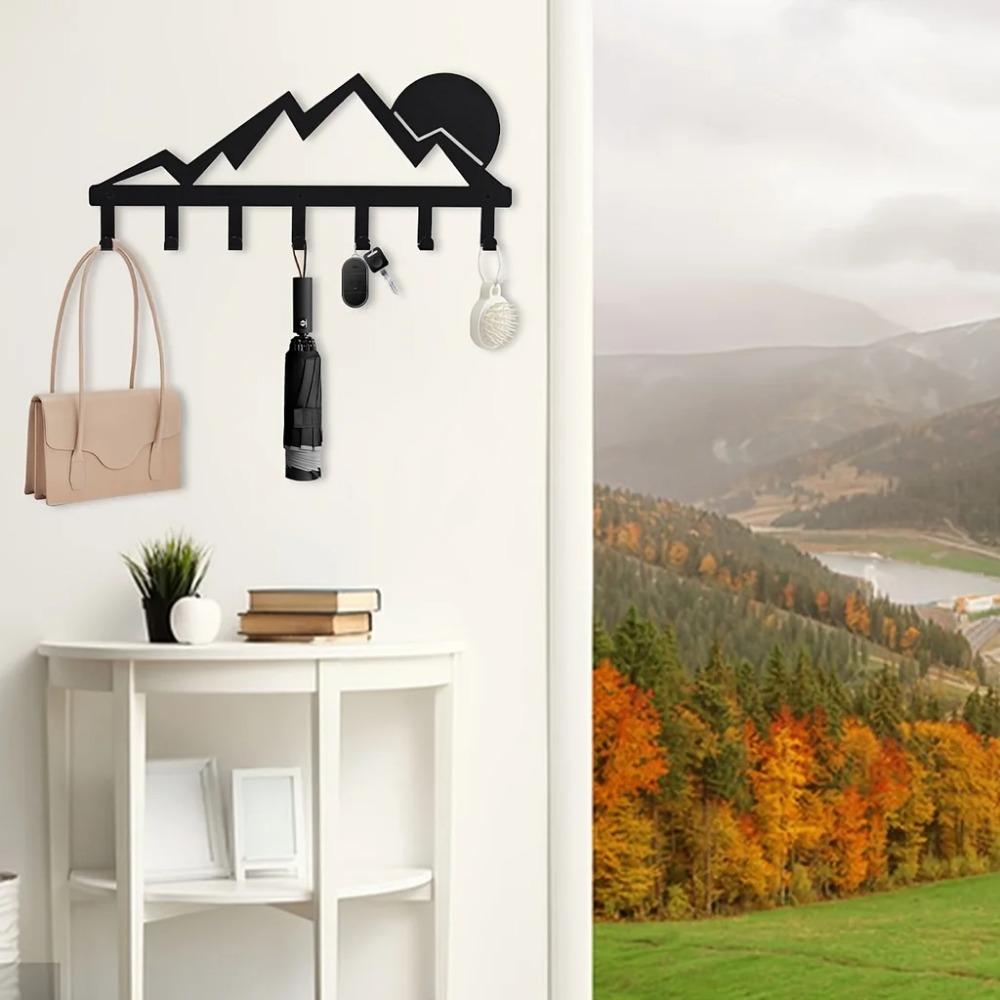 Mountain Metal Key Holder with 7 Hooks - Sunset Scenery Black Iron Wall Mounted Decorative Rack