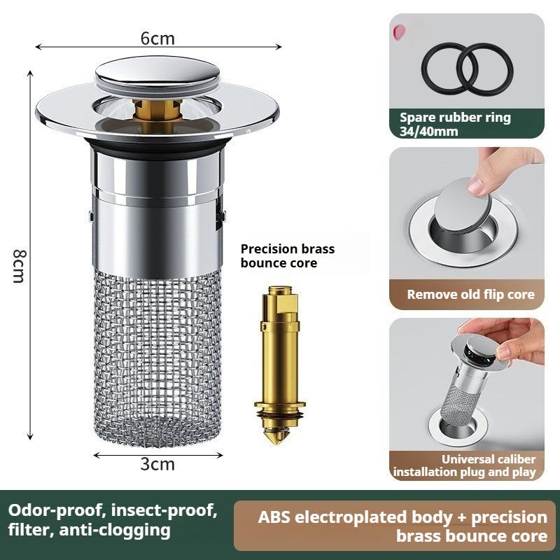 Universal Pop-Up Sink Drain Stopper with Strainer - Anti-Clog & Anti-Odor Washbasin Plug