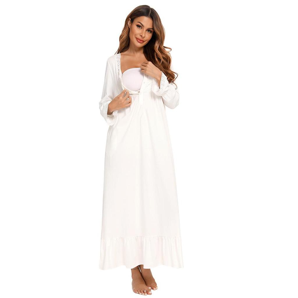 Camisón Victoriano para Mujer Tejido De Algodón Suave Manga Larga Henley Camisón Vintage Camisón De Salón con Adornos De Encaje Camisa para Dormir Camisón De Lactancia De Maternidad