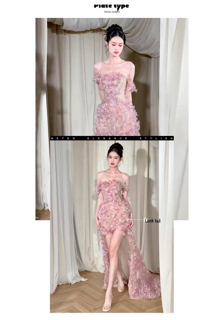 2026 French Pink One-Shoulder Strapless Dress: Elegant High-End Party & Engagement Attire
