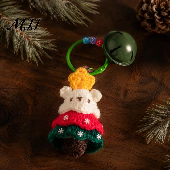 Mini Sock Ornament Yarn Crochet Christmas Keychain with Bell, Handmade Tree Hat Glove Wreath Winter Season Gift Key Ring Pendant, Holiday Bag