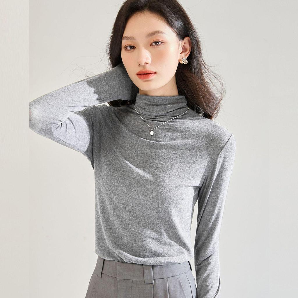 Women's Lightweight Silky High Neck Wool Blend Long Sleeve T-Shirt - Autumn Collection