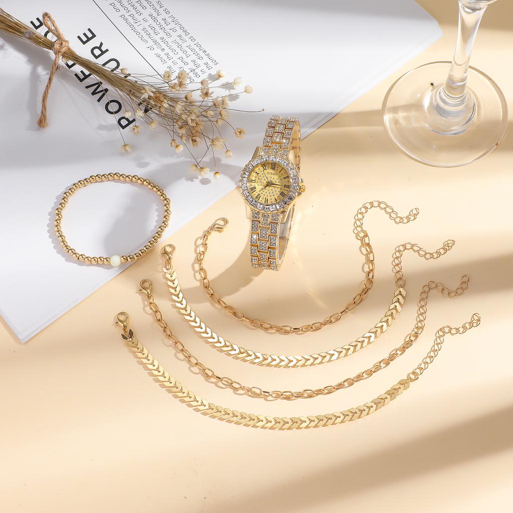 6pcs/set; Luxury Diamond-studded Bracelet and Watch Set for Women, Ideal for Festive Gifting, Without a Gift Box