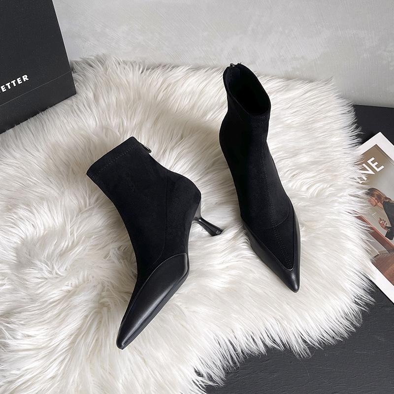 

Premium texture thin heel pointed short boots women s rear zipper high heel thin boots show thin temperament versatile short tube 38 чорний