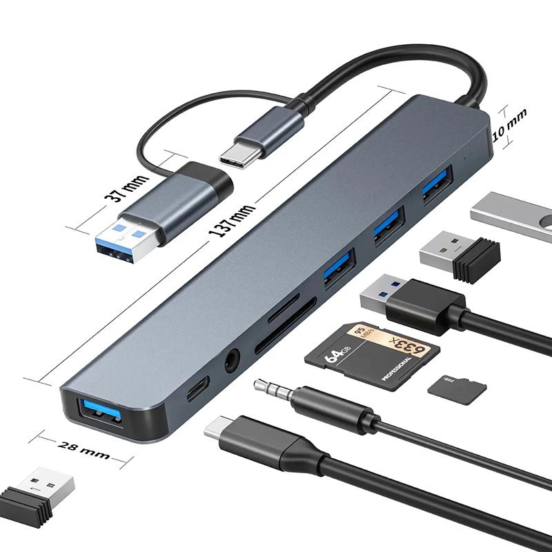 8 In 2 Docking Station USB Type C HUB with 3.5mm Audio Jack Adapter Micro SD Card Reader Laptop Tablet Phone Disk Converter