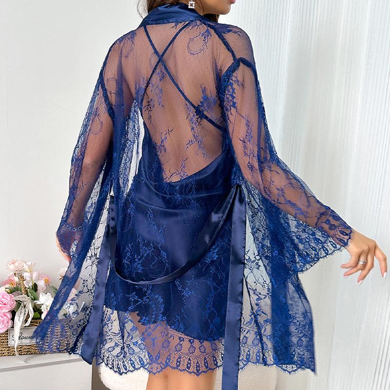 Transparenter Spitzenbesatz Netz-Nachthemd Pyjama für Damen