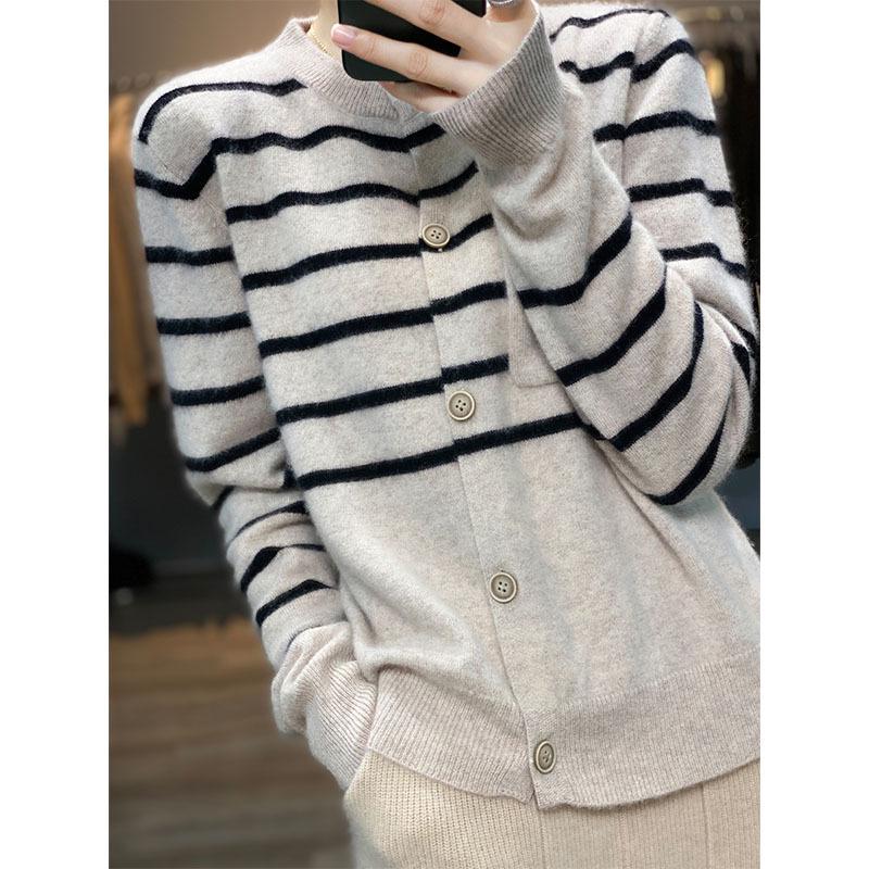 Women's Slimming Cashmere Cardigan - Color Block Stripes, Round Neck, Loose Fit