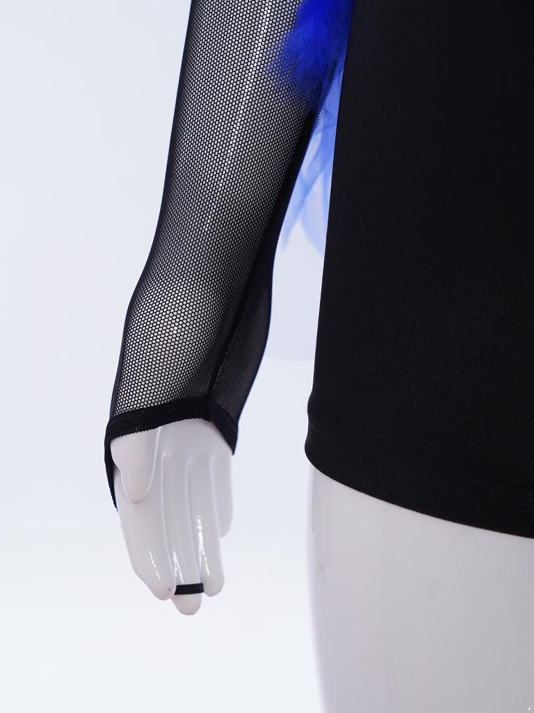 Mädchen Jazz Tanzkostüm Glitzerndes Paillettenoberteil mit Feder-Tüllrock Asymmetrischer Colorblock Jumpsuit für Bühnenauftritt