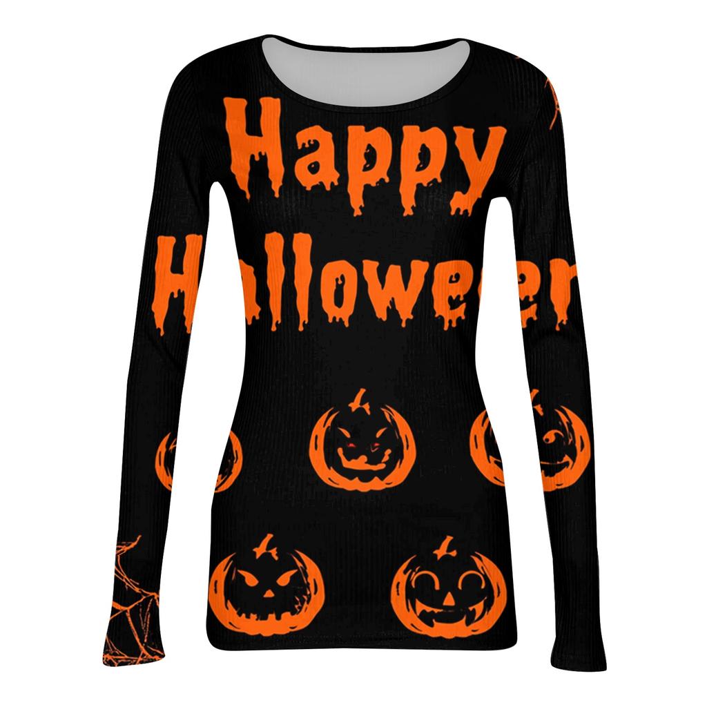 Women's Casual Ribbed Long Sleeve Top Halloween Print Round Neck Slim Fit Stretchy Knit Shirt for Fall Seasonal Wear