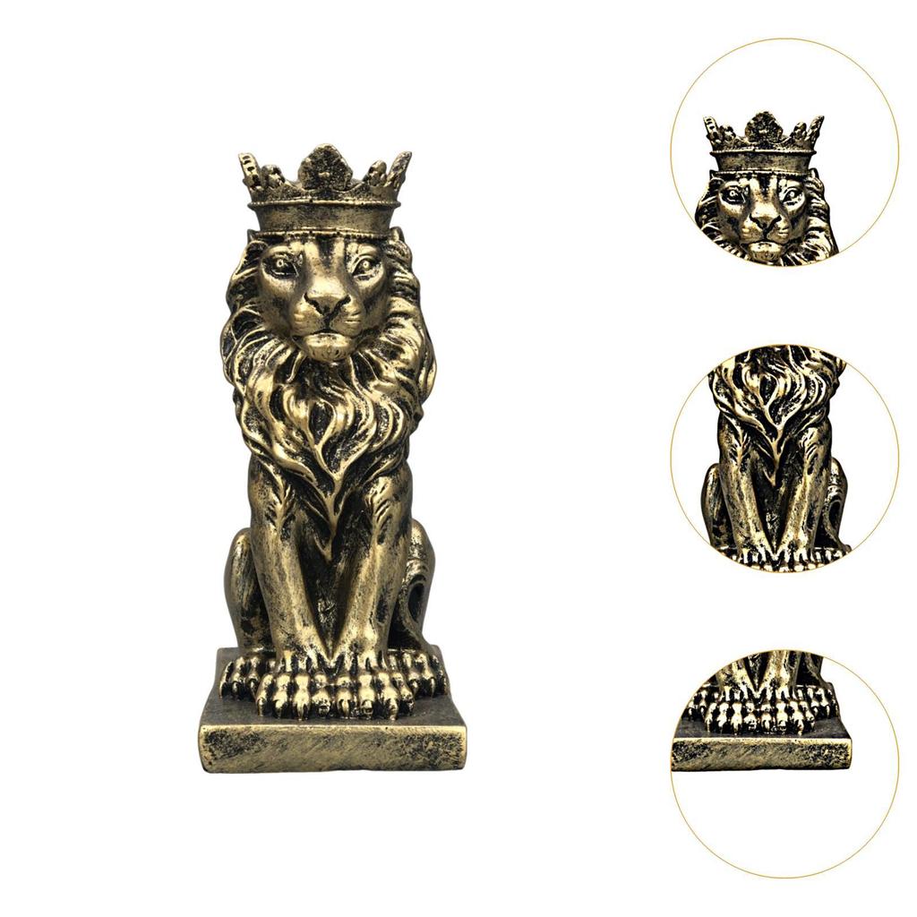 Socha lva s korunou, stolní dekorace, pryskyřičná socha, ručně vyrobená, na poličku, verandu, knihovnu nebo stůl