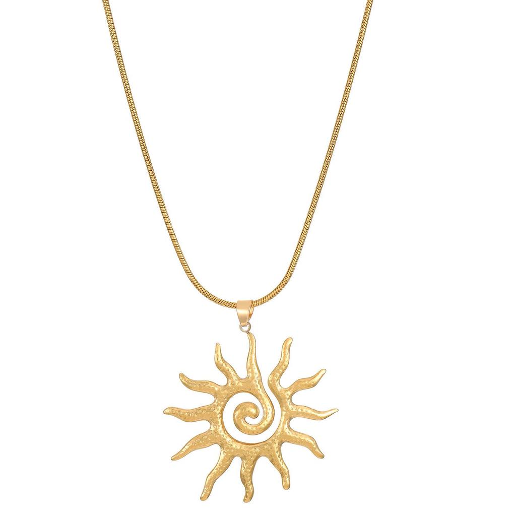 Stainless Steel Hammered Spiral Sun Pendant Necklace & Titanium Clavicle Chain Ring Set