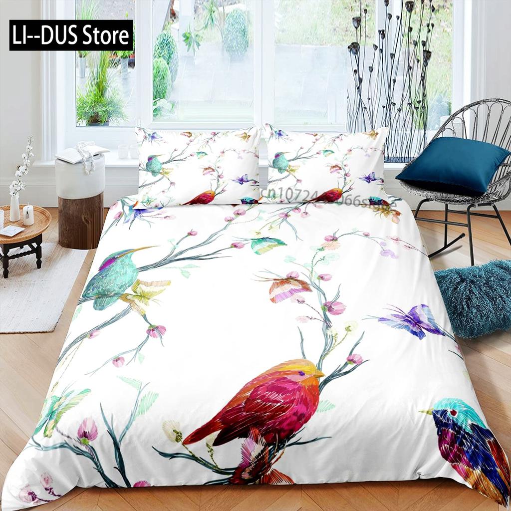 Chinese Traditional Painting Bedding Set Pink Plum Blossom Comforter Cover Set Full Size for Adults Teens Bedroom Decor 3pcs