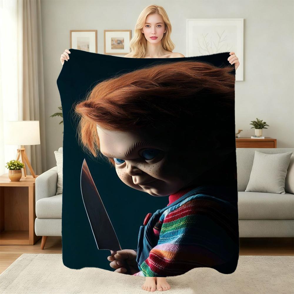Good Guys Classic Horror Doll Pattern Theme Flannel Blanket Warm Comfortable Fleece Blanket For Office Sofa Party Decor Halloween Gift