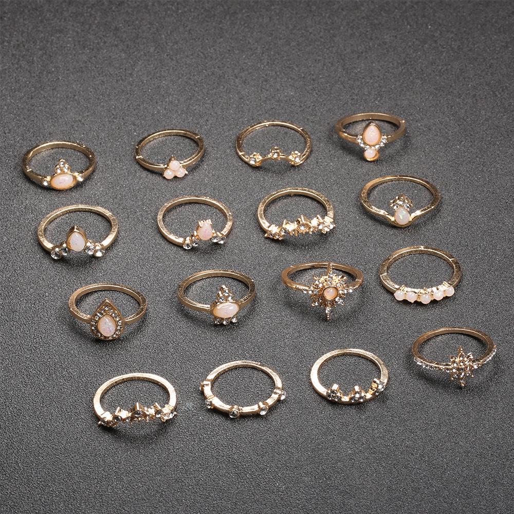 Imitation Opal Diamond Joint Ring 16-Piece Crown Droplet Retro Style Set Ring