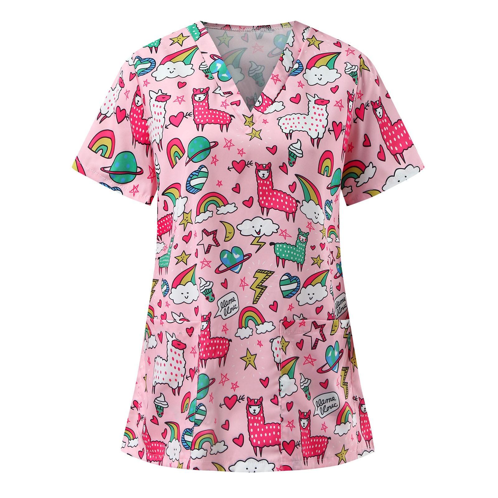 

Women Short Sleeve V-neck Cartoon Pattern Tops Working T-shirts
