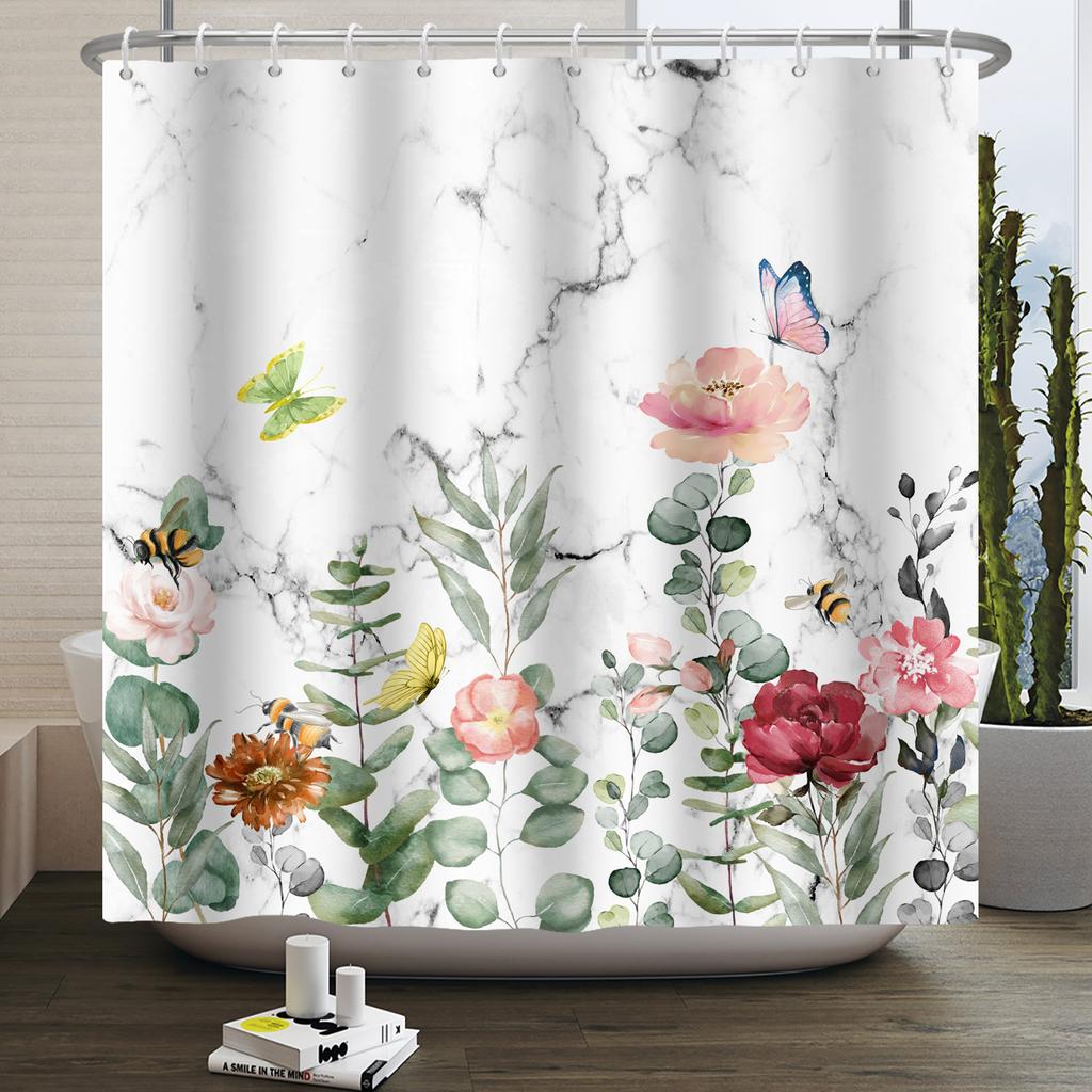 Floral Shower Curtain Flower Butterfly Waterproof Polyester Bathroom Curtain With Hooks Bathtub Screen