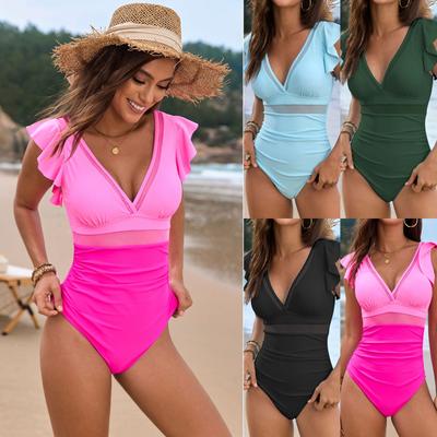 Traje de baño de una pieza 2025 Nuevo con Empalme de Malla de Color Sólido Borde con Volantes