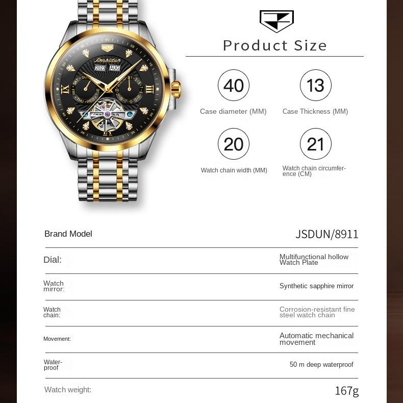 JINSHIDUN Tourbillon Automatic Mechanical Watch, Multi-functional Sports Waterproof Luminous Men's Watch