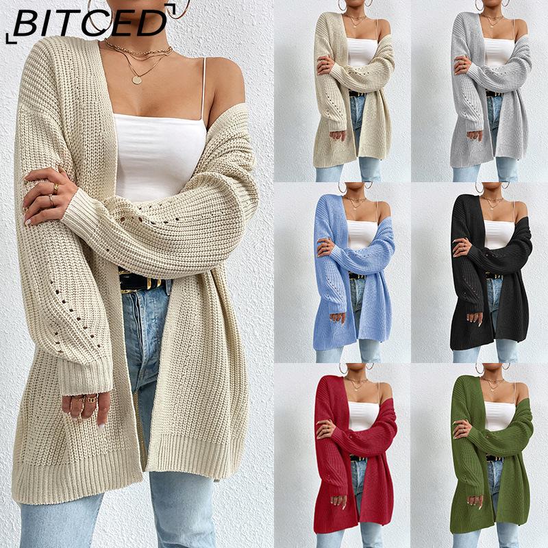 BITCED Autumn/Winter Oversized Mid-Length Cardigan Knitwear V-Neck Solid Colour Knit Top