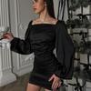 European and American Style Hot-selling Women's Clothing New Temperament Square Collar Halter Lantern Long Sleeve Pleated Slim-fitting Sexy Dress