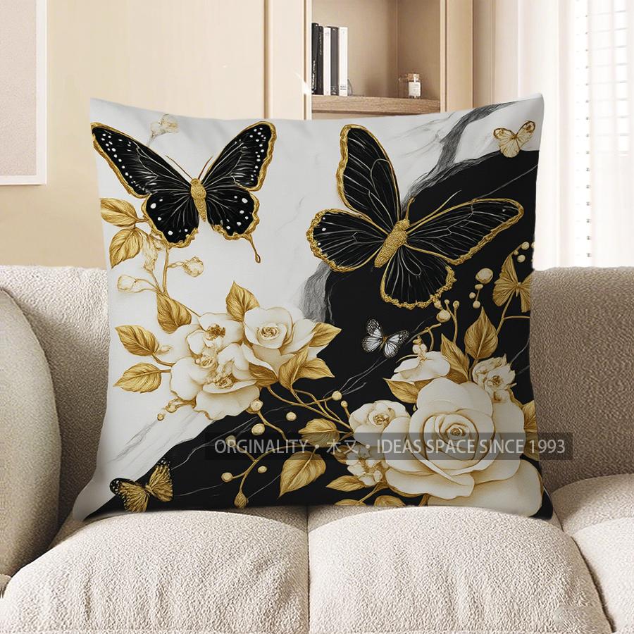 Home Decor Marble Pattern With Rose & Butterfly Pillow Pattern Cushion Cover Suitable For Sofa Bedroom Car Pillow Cover