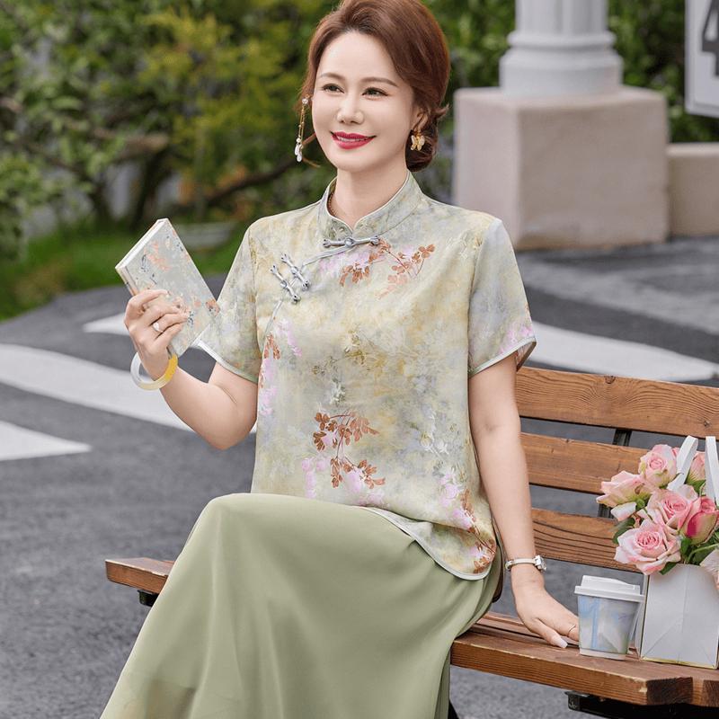 New Chinese Style Floral Print Summer Dress for Middle-Aged Women 2XL