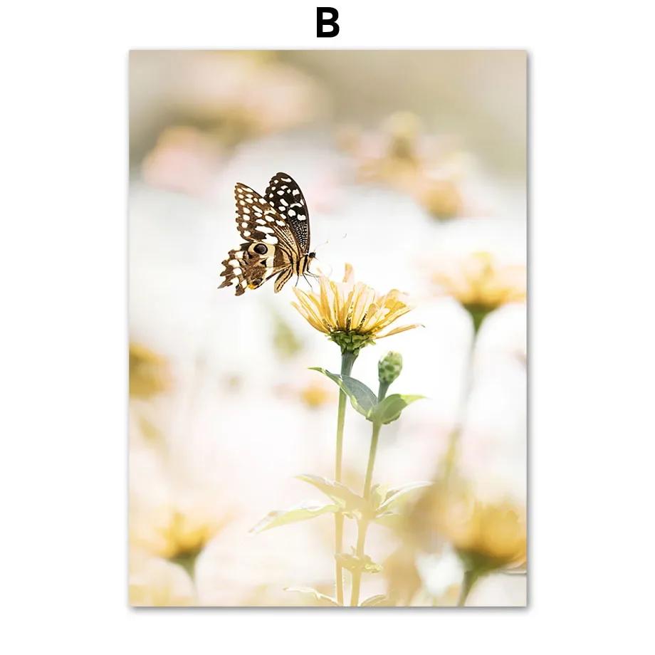 Yellow Dahlia Sunflower Orchid Butterfly Beige Wall  Canvas  Nordic Posters And Prints Pictures For Living Room Decor