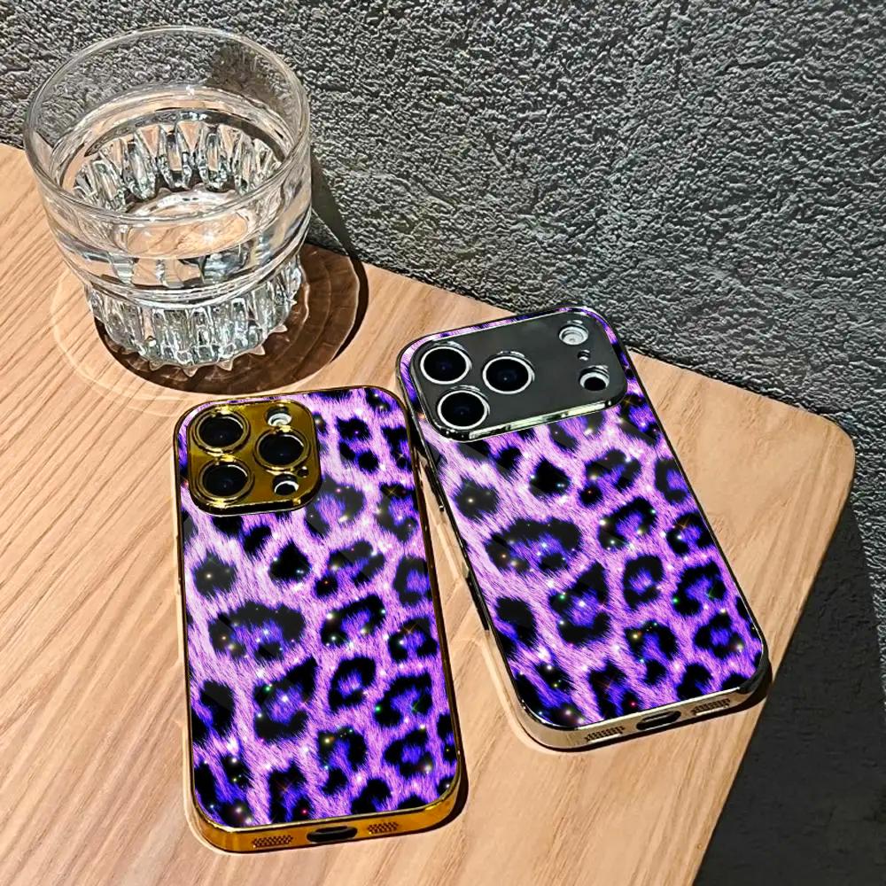 Purple Leopard Pattern Exquisite Luxurious Phone Case Electroplated Glass PhoneCase for iPhone 17 16 15 14 13 12 11pm Pro Plus