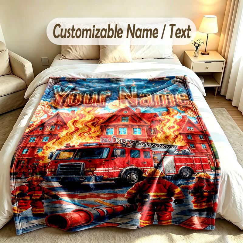 Fire Truck Theme Custom Blanket Personalized Name & Text Customized Soft Warm Throw Blanket Home Decor