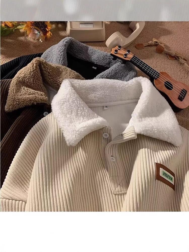 Men's Corduroy Polo Collar Sweatshirt, Autumn/Winter Style with Velvet and Lamb Wool, Hong Kong Fashion for Teens
