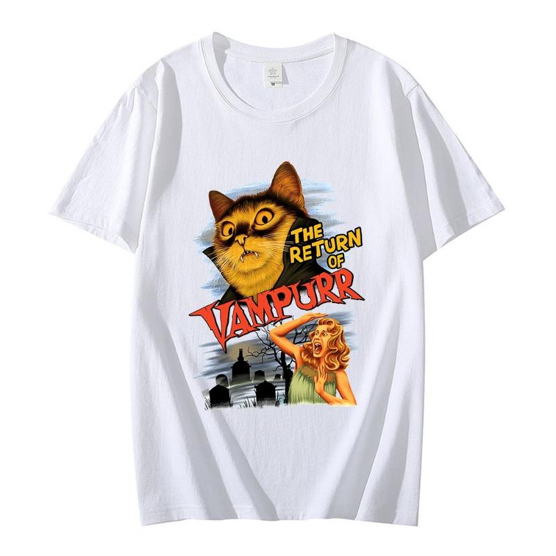 Funny Cat The Return of Vampurr Graphic T-shirt Men's Cotton Short-sleeved Horror Halloween T-shirt Casual Wear Loose T-shirt