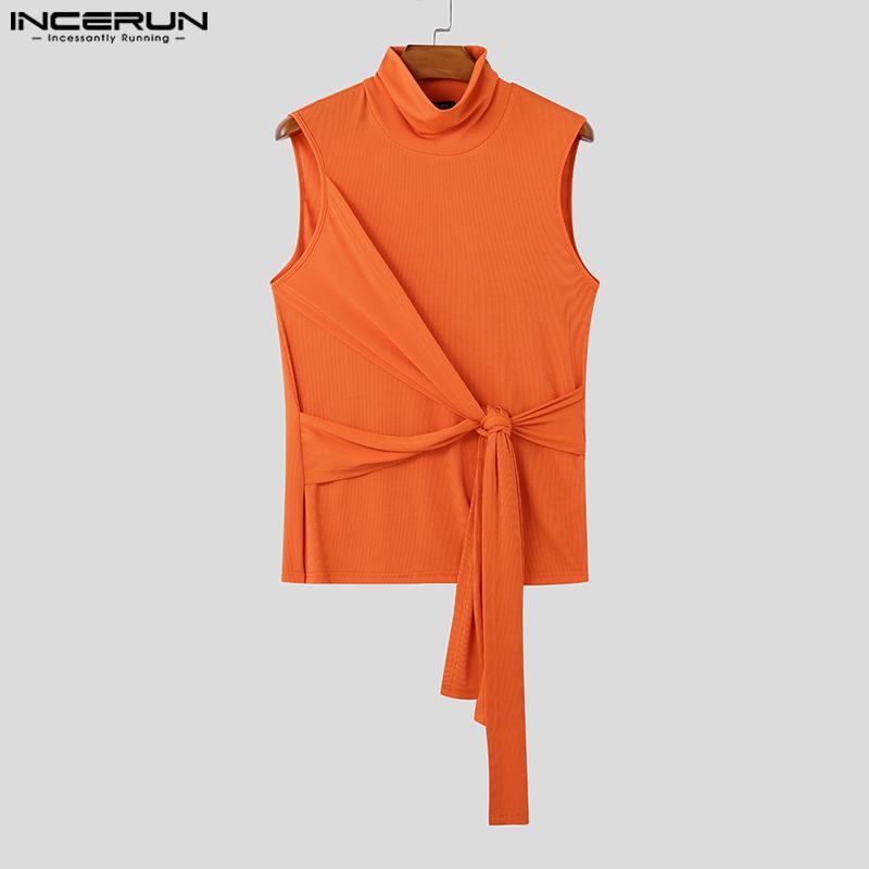 INCERUN Men Turtleneck Sleeveless Bandage Solid Knitted Vest Tanks