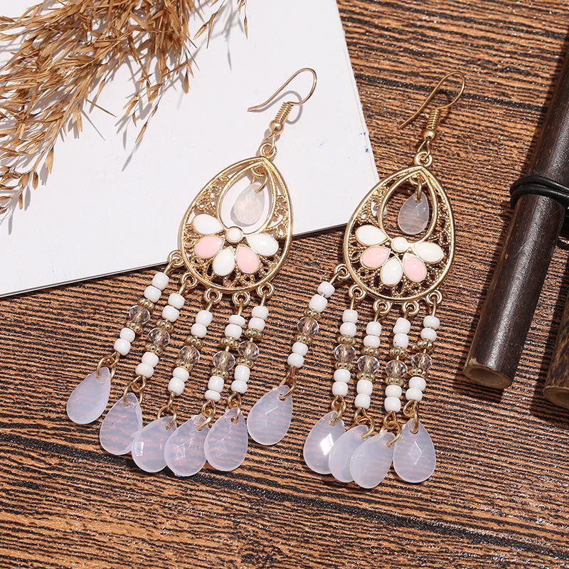 Bohemian Crystal Tassel Earrings - Ethnic Style, Slim Face, Exaggerated Design for Travel