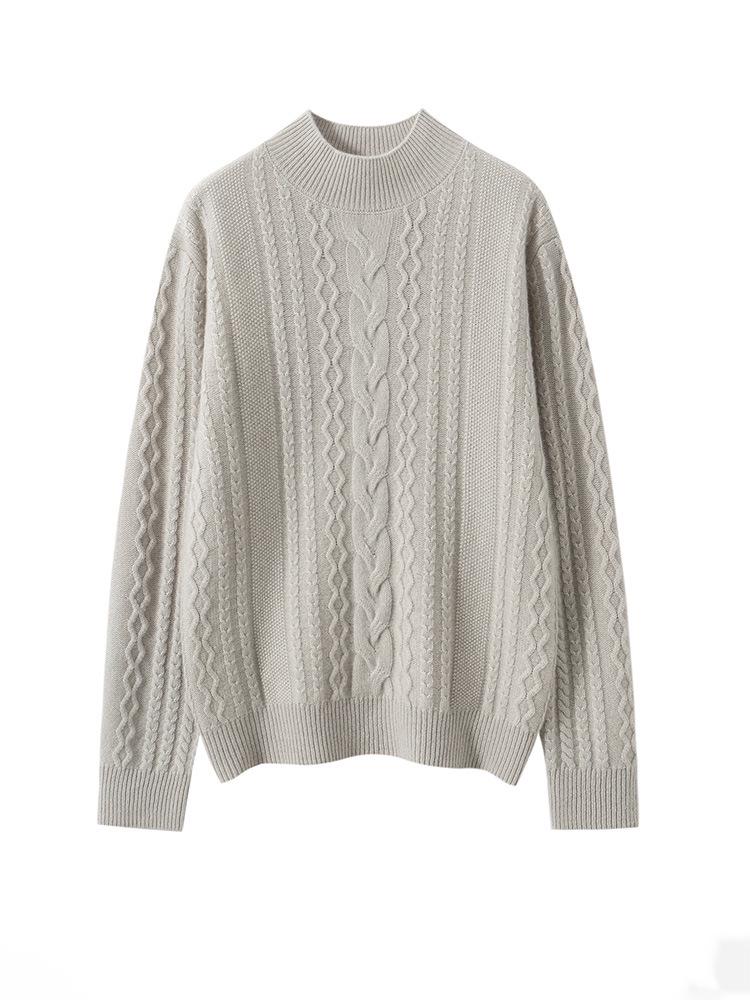 Women's Solid Color Twisted Flower Cable Knit Cashmere Sweater, Thickened Half-High Collar Slim Fit Base Layer Top
