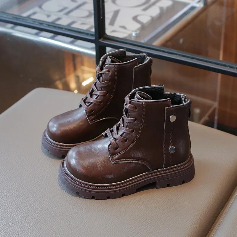 

Детская обувь в британском стиле, ботинки для девочек, однотонные, универсальные, детские, повседневные, хлопковые, модные, повседневные, ботильоны для малышей 35 коричневый