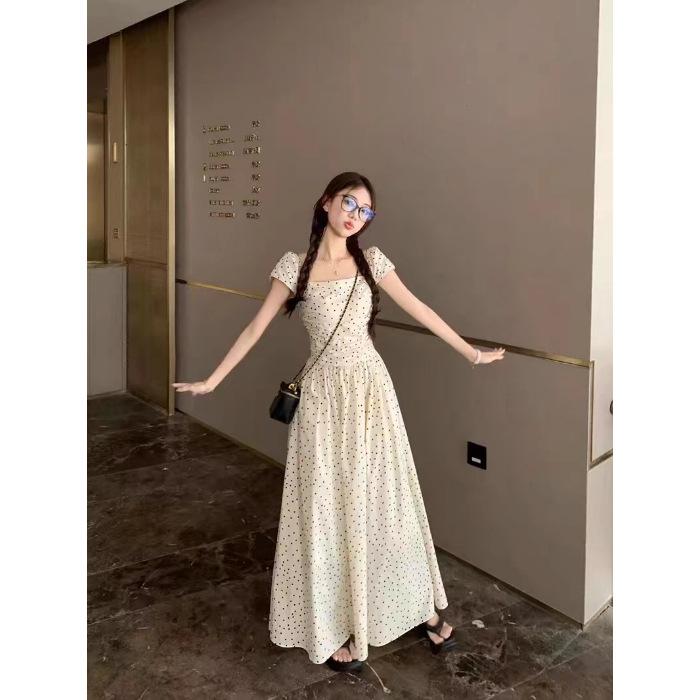 French square collar polka dot small flying sleeve dress women's summer waist a word skirt gentle wind temperament vacation dress