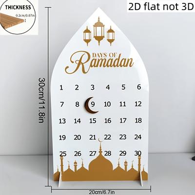2D Flat, 30-Day Ramadan Countdown Calendar - Wooden Islamic Eid Calendar with Arabic/English Dates and Numbered Days - Home Desktop Decoration