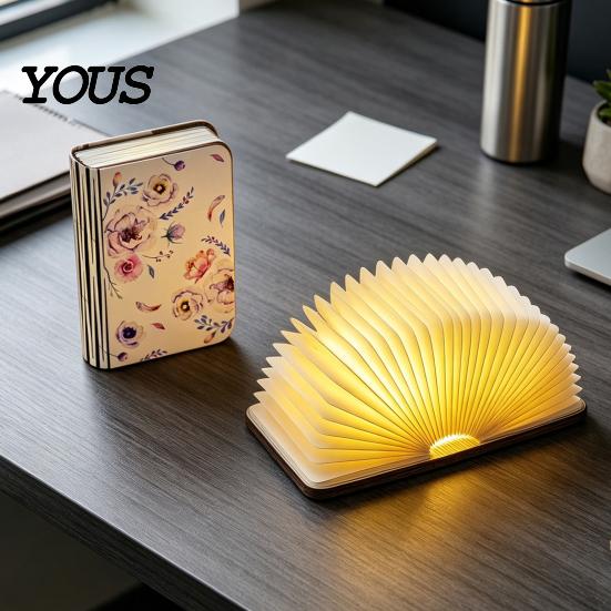 Creative Gift for Women Portable LED Book Light, Wooden Magnetic Foldable Night Lamp with Stepless Dimming, Artistic Shaped USB