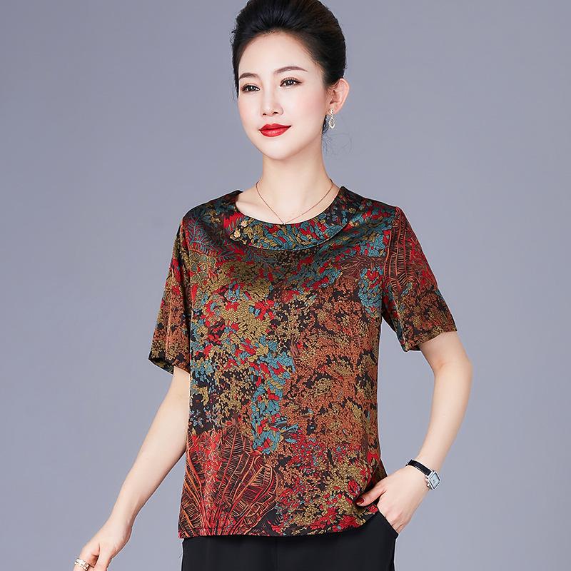 

Women s Loose-Fit Mulberry Silk Top - Short Sleeves, Plus Size, Slimming, Printed Summer T-shirt 5XL (for 150-165 jin) червоний