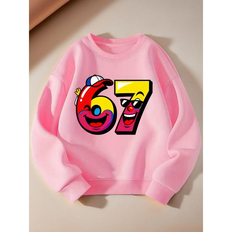 Birthday Kids Sweatshirt Over 4Y Unisex Boys Girls Cute Cartoon Face Number 67 Crewneck Soft Fleece Long Sleeve Pullover For 4-12 Years Old Children