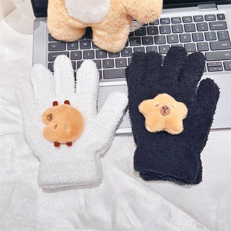 Cute Capybara Gloves Plush Coral Fleece Cold-Proof Gloves Five-Finger Gloves Student Winter Warmer Gloves Girly Christmas Gifts